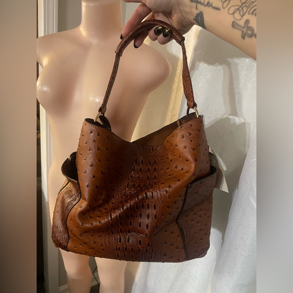 New Le Miel Brahmin look Elegant Brown Leather Handbag flexible purse bag tote